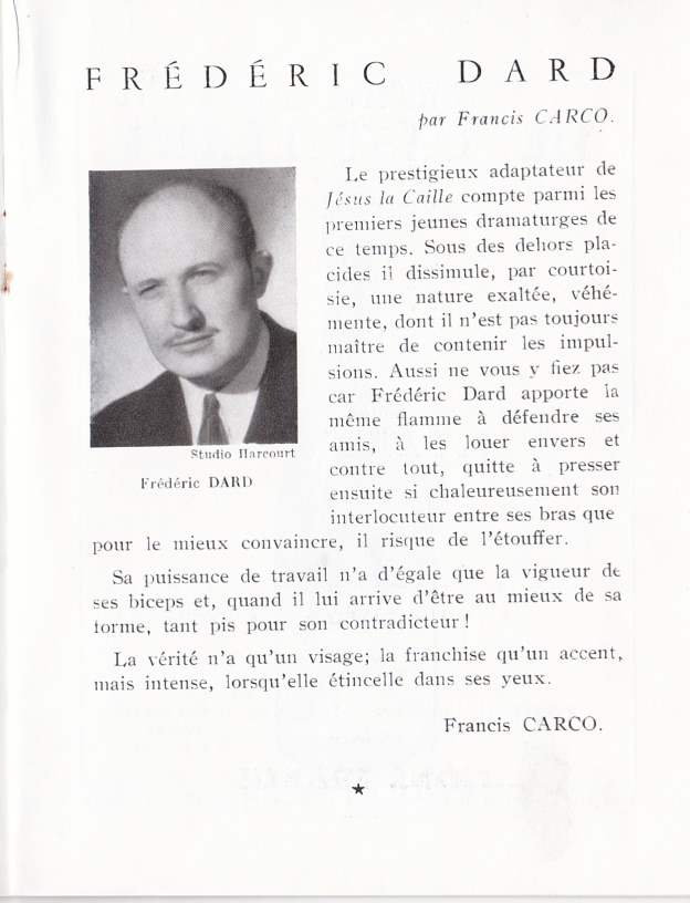 Biographie Frédéric Dard par Francis Carco