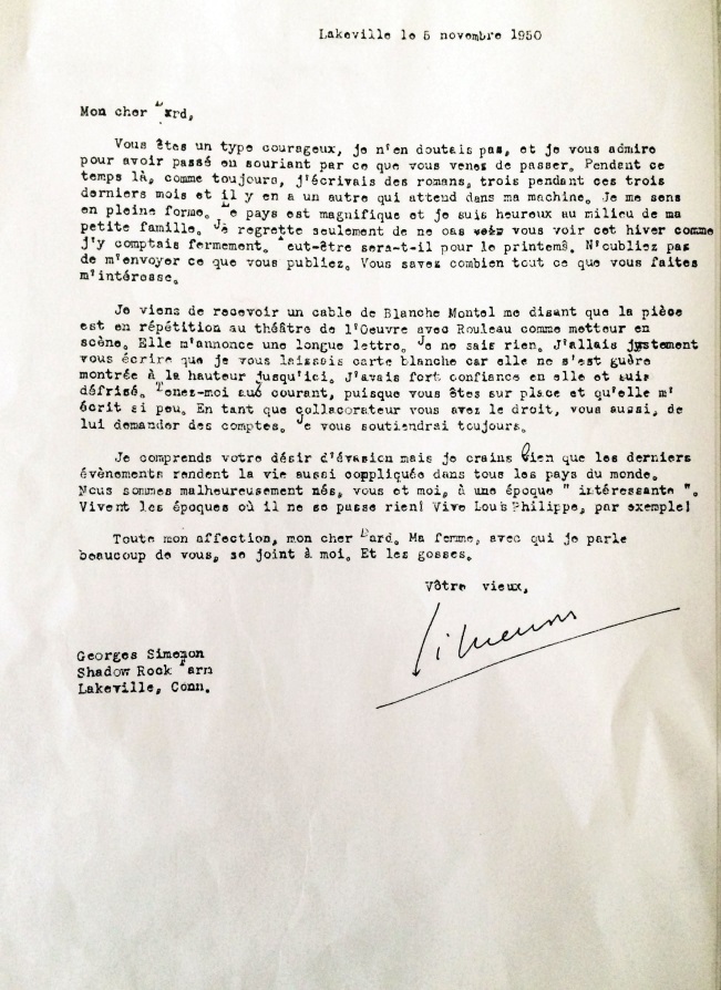 Lettre de Simenon du 5 novembre 1950