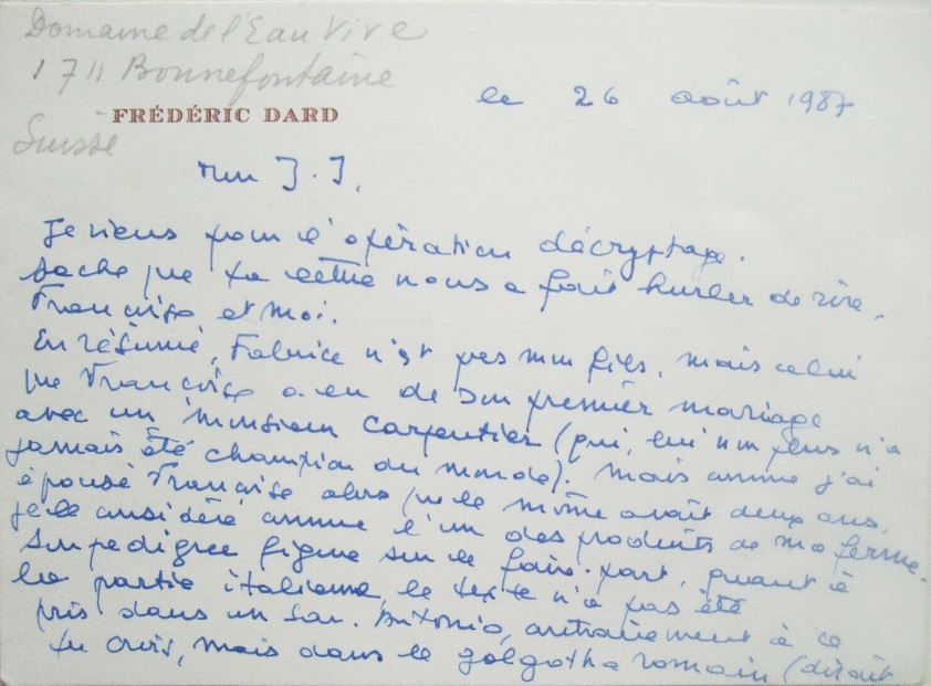 Lettre de F. Dard à J-.J. Bricairede Fabrice et de Baby-Meurtre